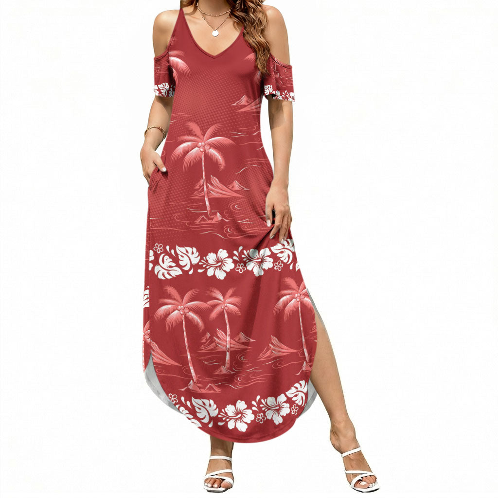 Red Hawaii Palm Tree Hibiscus Summer Maxi Dress Fantasy Summer Vibe