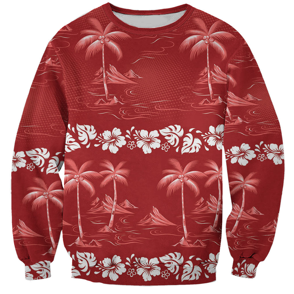 Red Hawaii Palm Tree Hibiscus Sweatshirt Fantasy Summer Vibe
