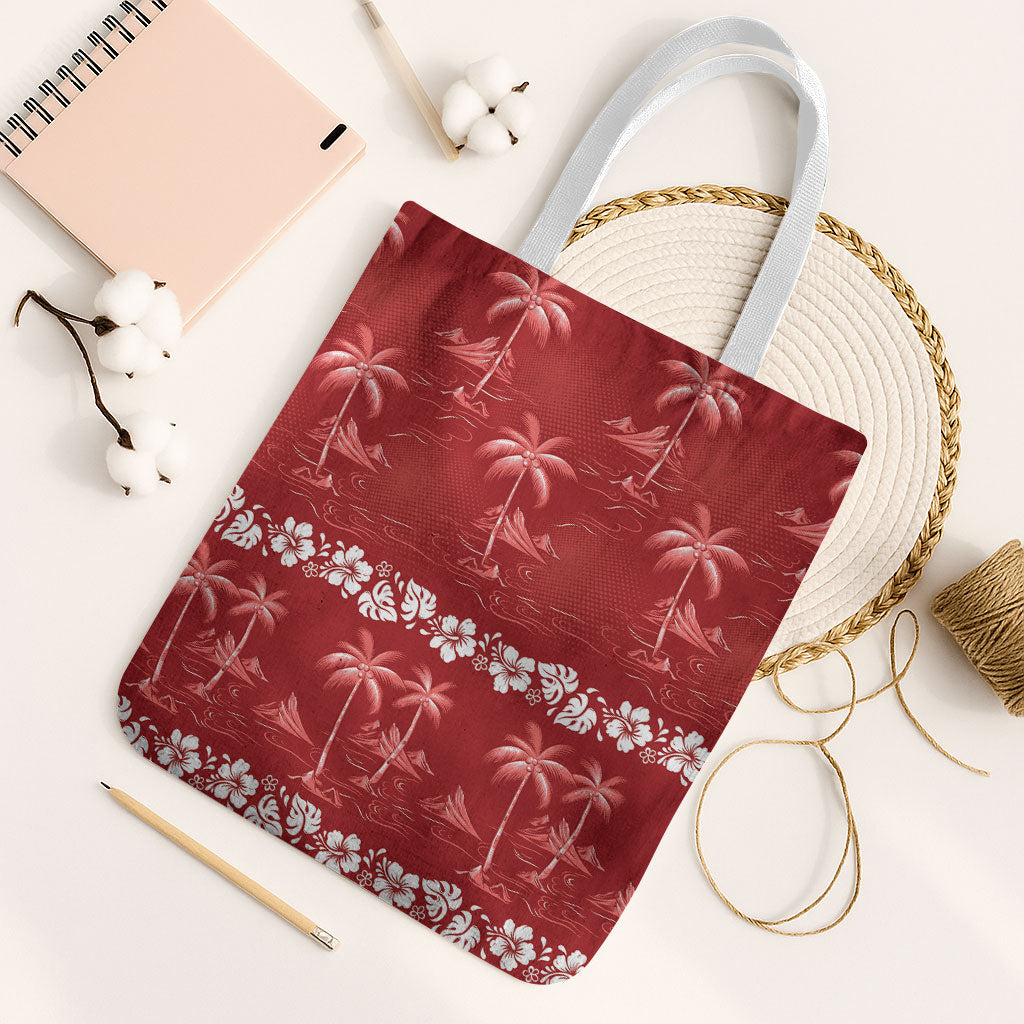 Red Hawaii Palm Tree Hibiscus Tote Bag Fantasy Summer Vibe