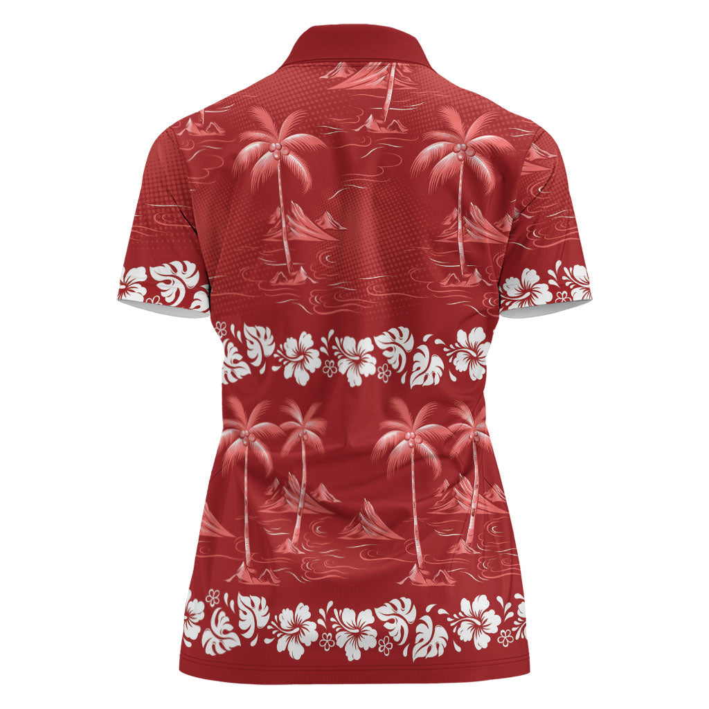 Red Hawaii Palm Tree Hibiscus Women Polo Shirt Fantasy Summer Vibe