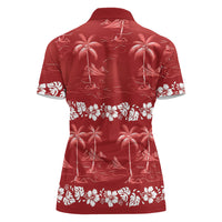Red Hawaii Palm Tree Hibiscus Women Polo Shirt Fantasy Summer Vibe