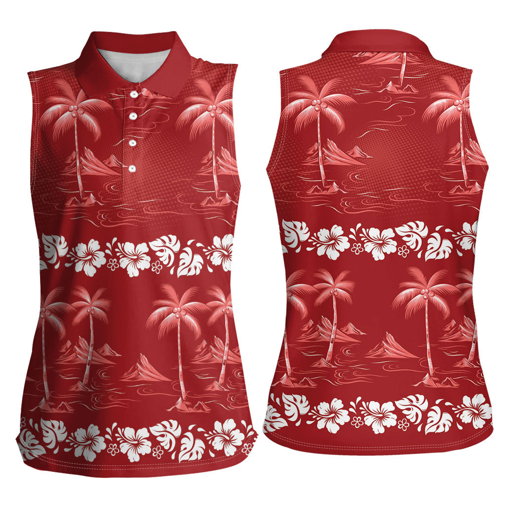 Red Hawaii Palm Tree Hibiscus Women Sleeveless Polo Shirt Fantasy Summer Vibe