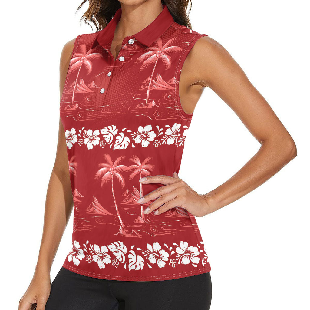 Red Hawaii Palm Tree Hibiscus Women Sleeveless Polo Shirt Fantasy Summer Vibe