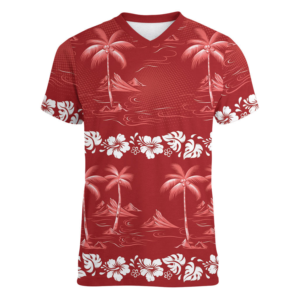 Red Hawaii Palm Tree Hibiscus Women V-Neck T-Shirt Fantasy Summer Vibe