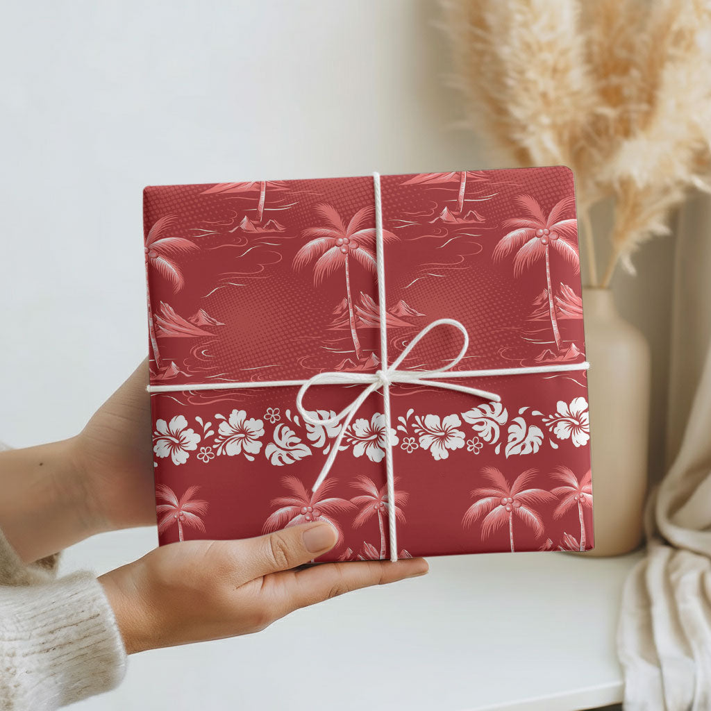 Red Hawaii Palm Tree Hibiscus Wrapping Paper Fantasy Summer Vibe