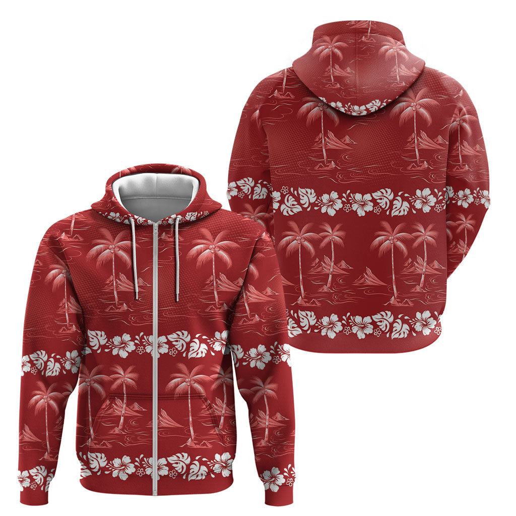 Red Hawaii Palm Tree Hibiscus Zip Hoodie Fantasy Summer Vibe