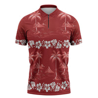 Red Hawaii Palm Tree Hibiscus Zipper Polo Shirt Fantasy Summer Vibe