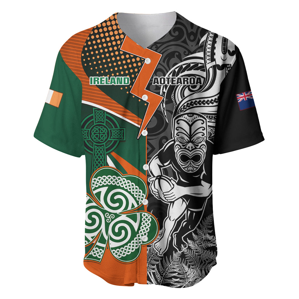 New Zealand and Ireland Rugby Baseball Jersey Silver Fern With Shamrock 2023 World Cup LT01 Art - Polynesian Pride