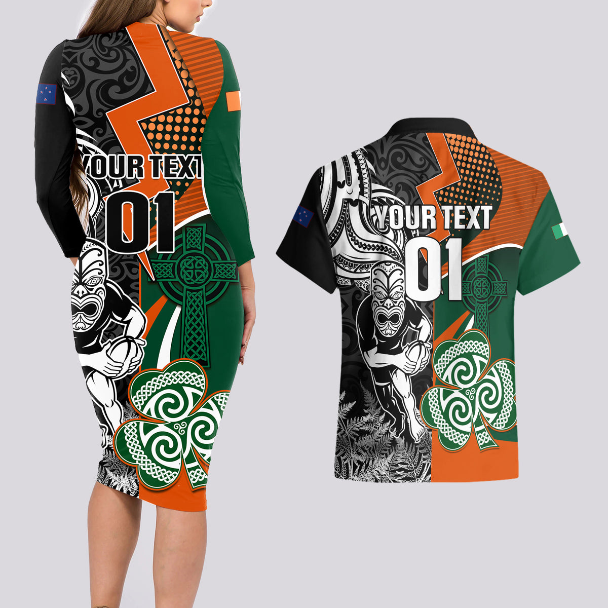 New Zealand and Ireland Rugby Couples Matching Long Sleeve Bodycon Dress and Hawaiian Shirt Silver Fern With Shamrock 2023 World Cup LT01 - Polynesian Pride
