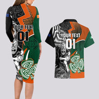 New Zealand and Ireland Rugby Couples Matching Long Sleeve Bodycon Dress and Hawaiian Shirt Silver Fern With Shamrock 2023 World Cup LT01 - Polynesian Pride