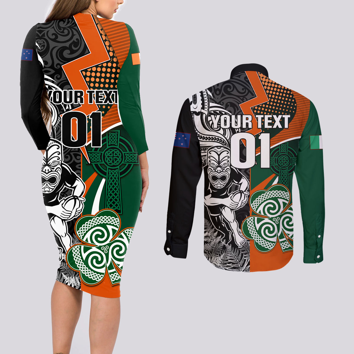 New Zealand and Ireland Rugby Couples Matching Long Sleeve Bodycon Dress and Long Sleeve Button Shirts Silver Fern With Shamrock 2023 World Cup LT01 - Polynesian Pride