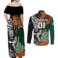 New Zealand and Ireland Rugby Couples Matching Off Shoulder Maxi Dress and Long Sleeve Button Shirts Silver Fern With Shamrock 2023 World Cup LT01 - Polynesian Pride