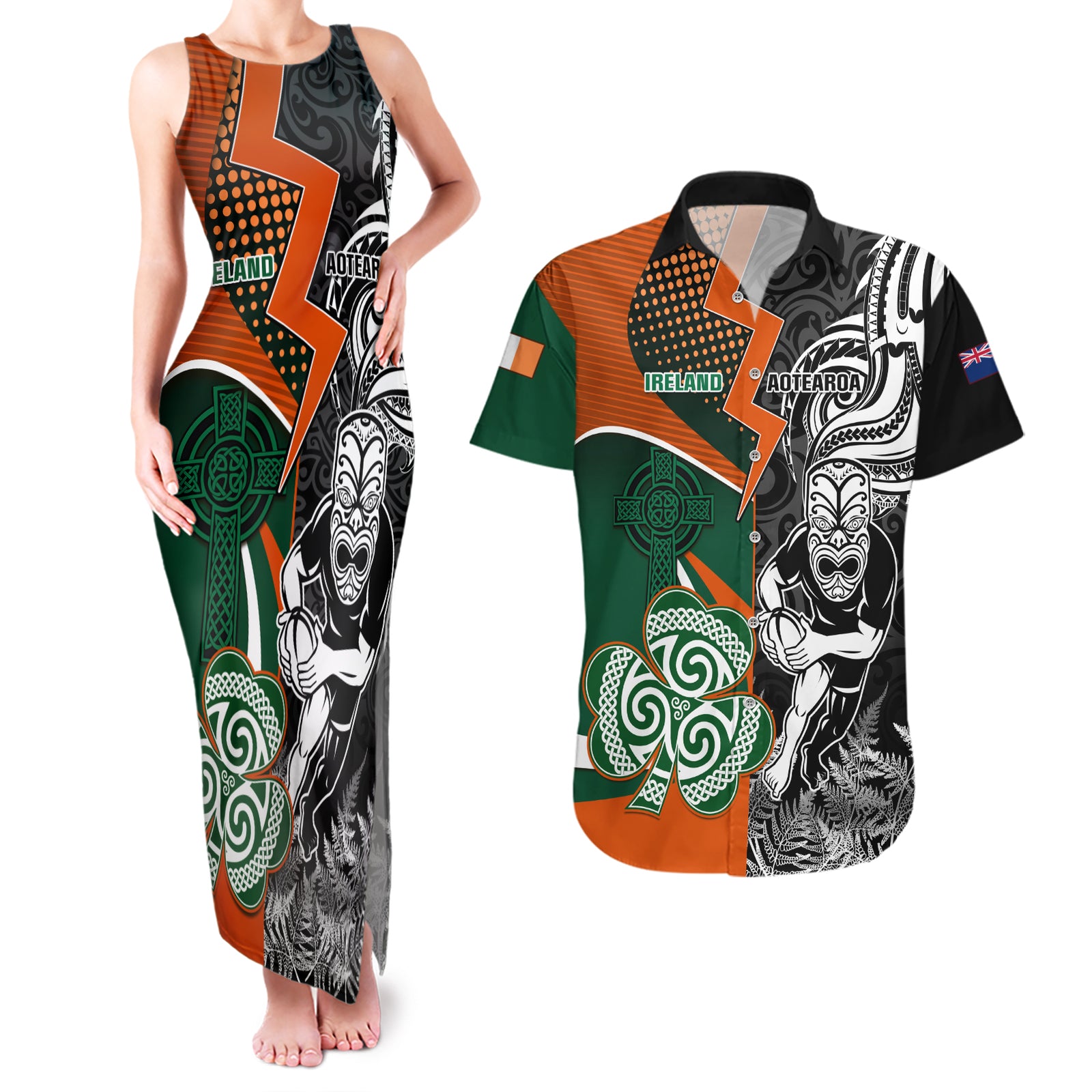 New Zealand and Ireland Rugby Couples Matching Tank Maxi Dress and Hawaiian Shirt Silver Fern With Shamrock 2023 World Cup LT01 Art - Polynesian Pride