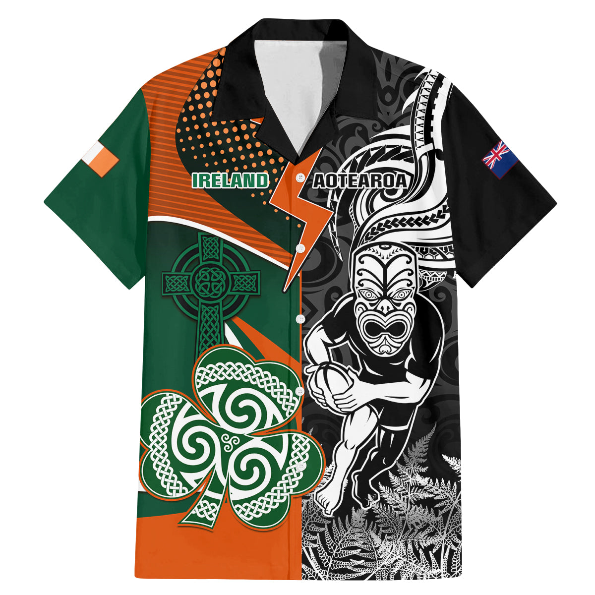 New Zealand and Ireland Rugby Family Matching Mermaid Dress and Hawaiian Shirt Silver Fern With Shamrock 2023 World Cup LT01 Dad's Shirt - Short Sleeve Art - Polynesian Pride