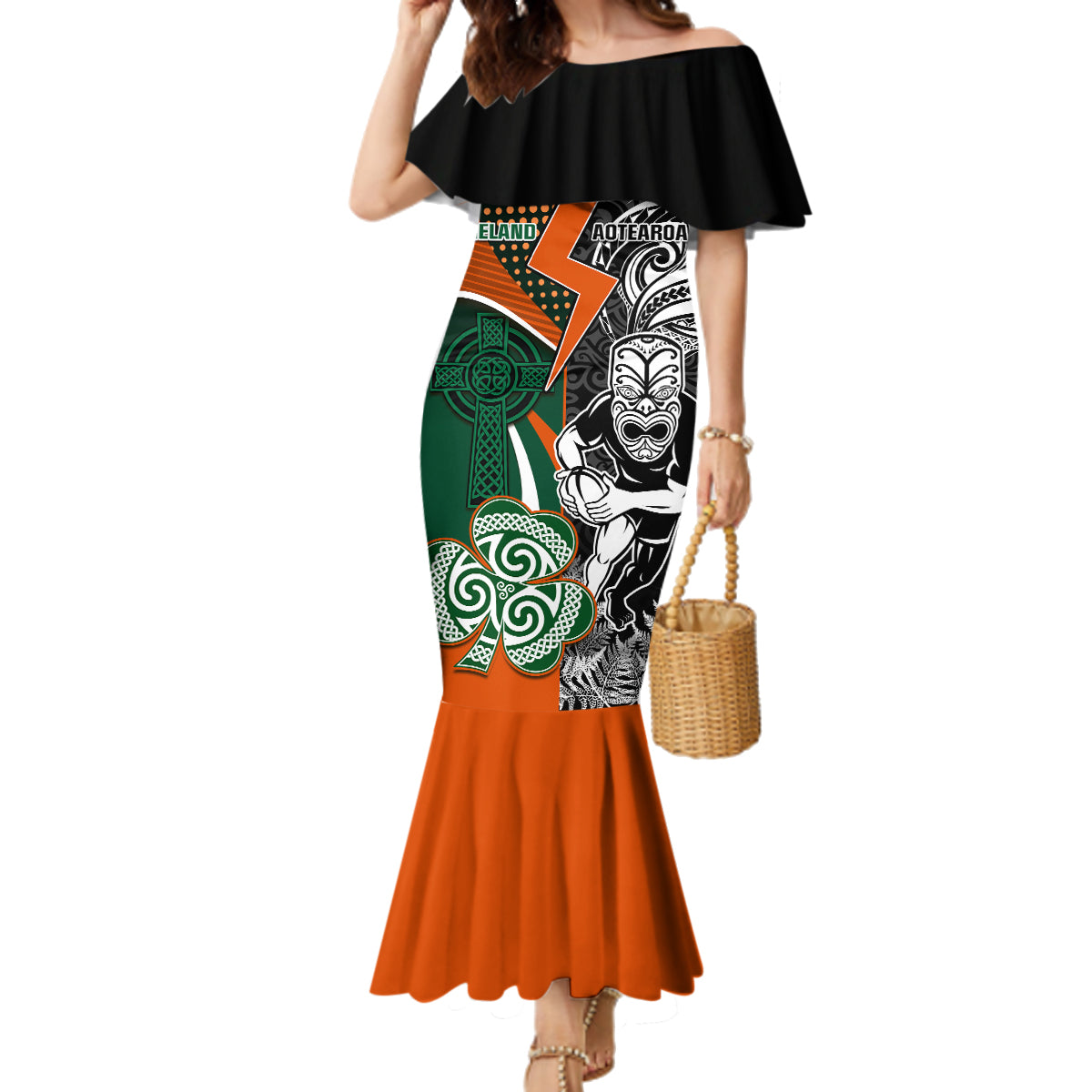New Zealand and Ireland Rugby Family Matching Mermaid Dress and Hawaiian Shirt Silver Fern With Shamrock 2023 World Cup LT01 Mom's Dress Art - Polynesian Pride