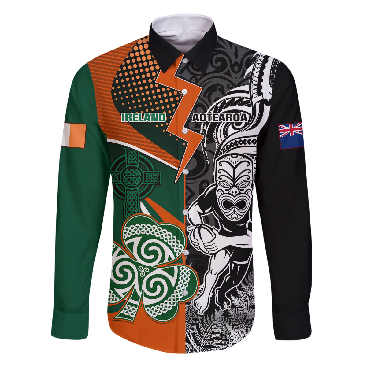 New Zealand and Ireland Rugby Family Matching Off Shoulder Short Dress and Hawaiian Shirt Silver Fern With Shamrock 2023 World Cup LT01 Dad's Shirt - Long Sleeve Art - Polynesian Pride