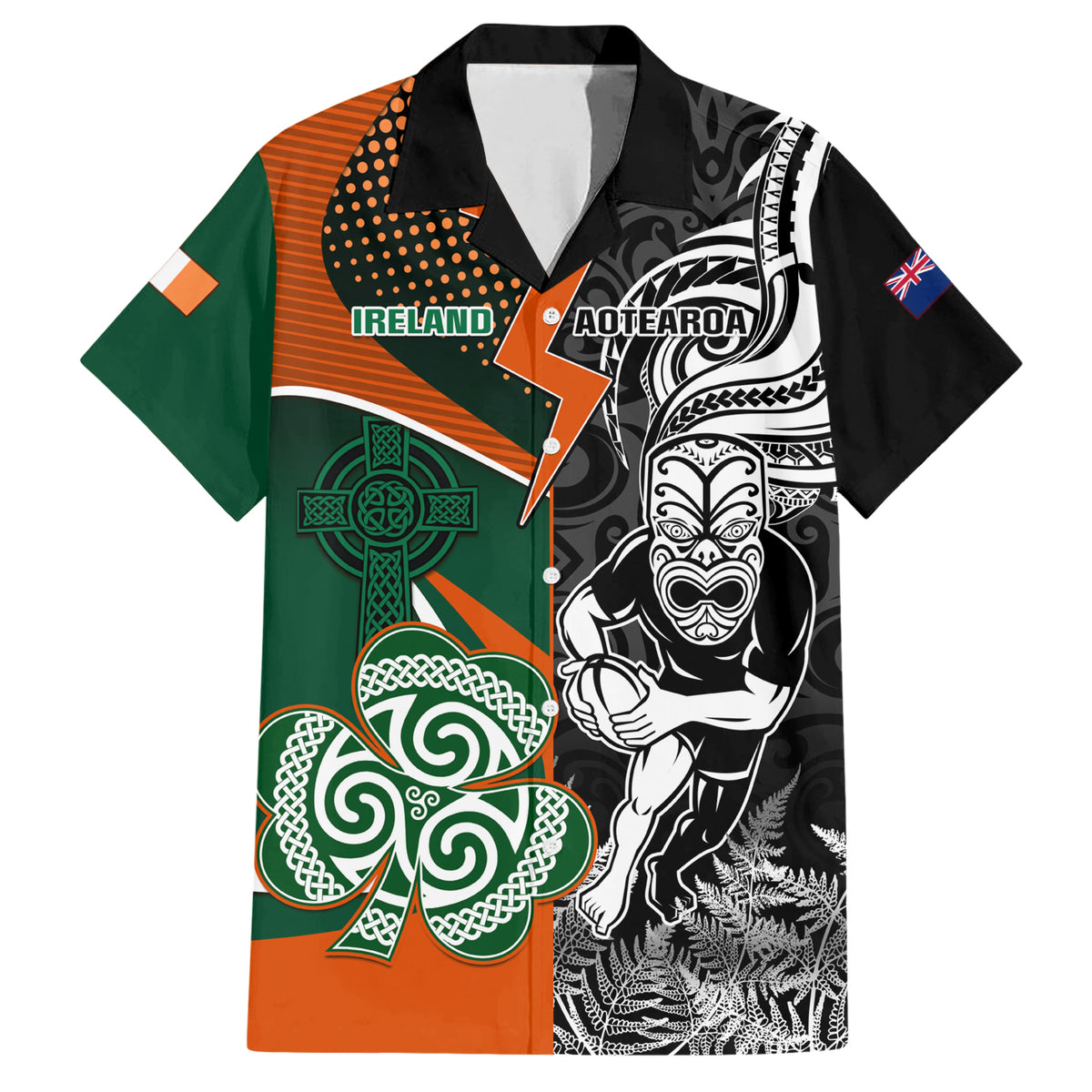 New Zealand and Ireland Rugby Family Matching Short Sleeve Bodycon Dress and Hawaiian Shirt Silver Fern With Shamrock 2023 World Cup LT01 Dad's Shirt - Short Sleeve Art - Polynesian Pride