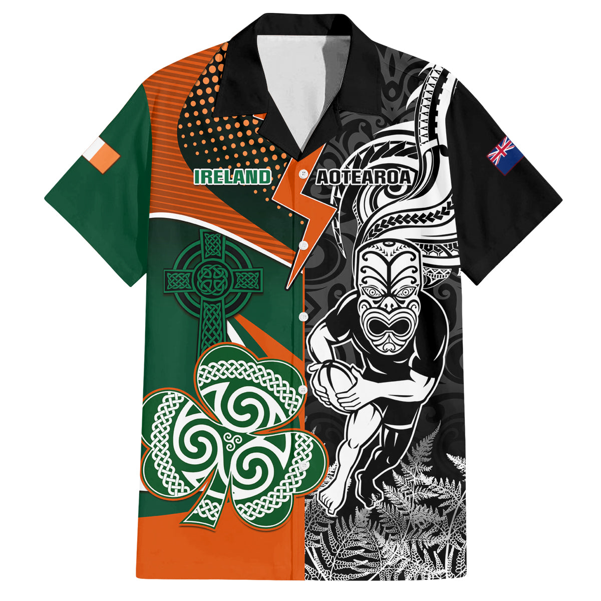 New Zealand and Ireland Rugby Family Matching Tank Maxi Dress and Hawaiian Shirt Silver Fern With Shamrock 2023 World Cup LT01 Dad's Shirt - Short Sleeve Art - Polynesian Pride