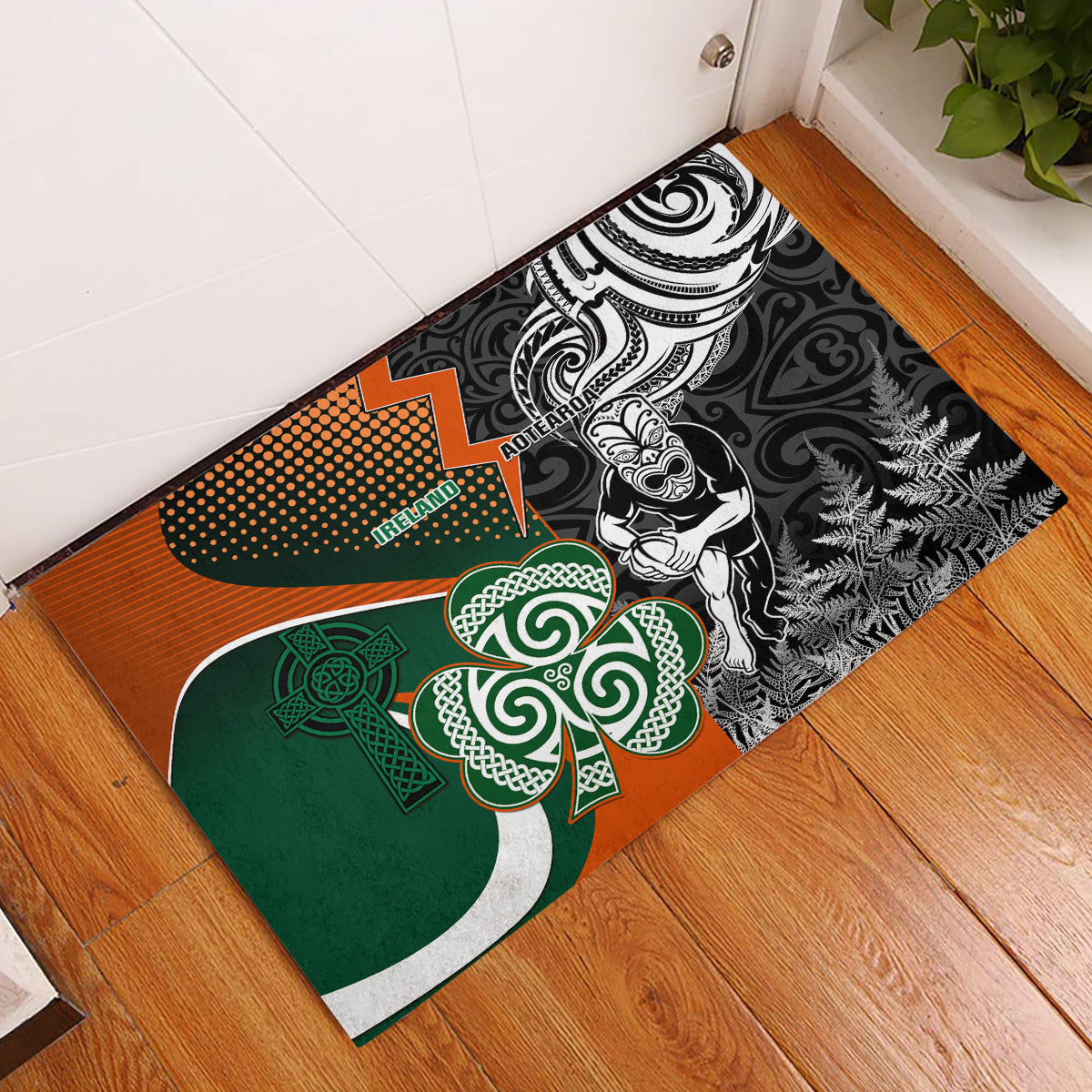New Zealand and Ireland Rugby Rubber Doormat Silver Fern With Shamrock 2023 World Cup LT01 Art - Polynesian Pride