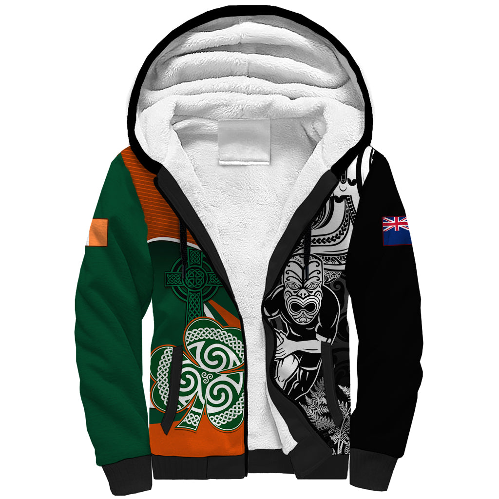 New Zealand and Ireland Rugby Sherpa Hoodie Silver Fern With Shamrock 2023 World Cup LT01 Unisex Art - Polynesian Pride