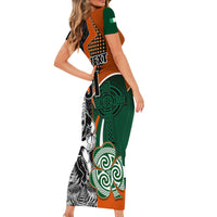 New Zealand and Ireland Rugby Short Sleeve Bodycon Dress Silver Fern With Shamrock 2023 World Cup LT01 - Polynesian Pride