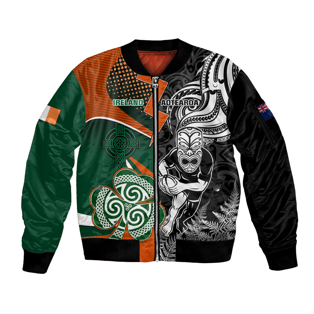 New Zealand and Ireland Rugby Sleeve Zip Bomber Jacket Silver Fern With Shamrock 2023 World Cup LT01 Unisex Art - Polynesian Pride
