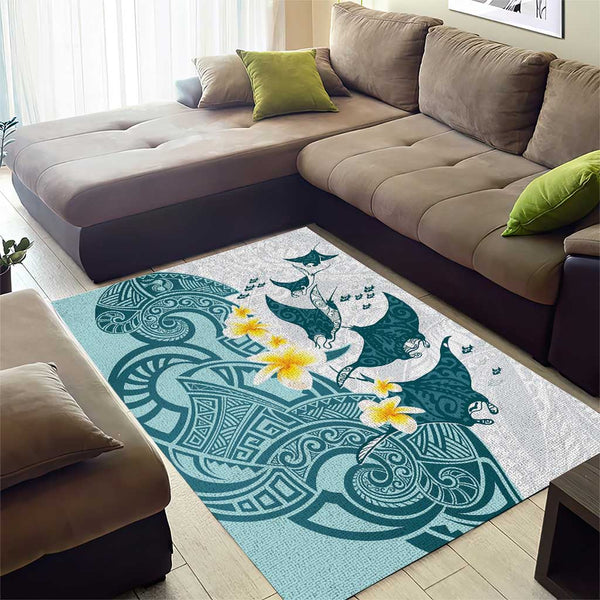 Moari Rug Maori Manta Ray Plumeria Teal Area Rug LT01