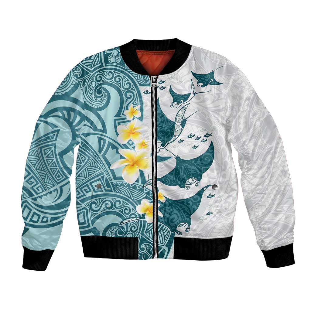 Maori Manta Ray Plumeria Teal Bomber Jacket LT01 Unisex Teal - Polynesian Pride