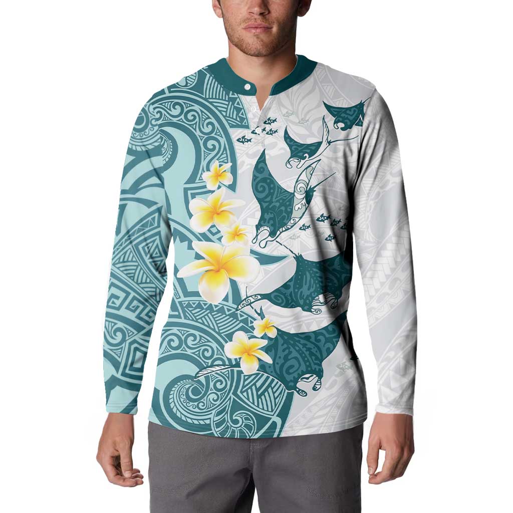 Maori Manta Ray Plumeria Teal Button Sweatshirt LT01 - Polynesian Pride