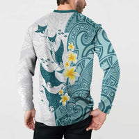 Maori Manta Ray Plumeria Teal Button Sweatshirt LT01 - Polynesian Pride