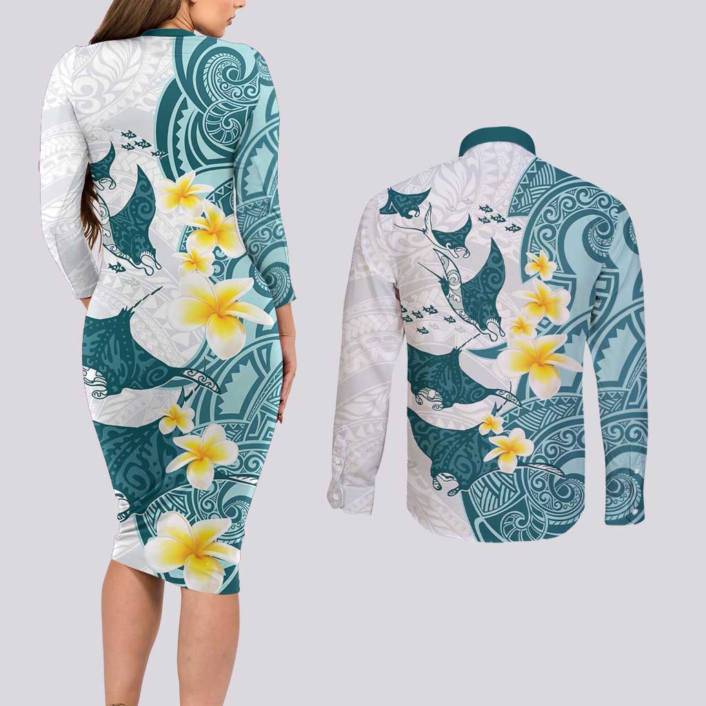 Maori Manta Ray Plumeria Teal Couples Matching Long Sleeve Bodycon Dress and Long Sleeve Button Shirt