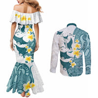 Maori Manta Ray Plumeria Teal Couples Matching Mermaid Dress and Long Sleeve Button Shirt