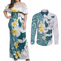 Maori Manta Ray Plumeria Teal Couples Matching Off Shoulder Maxi Dress and Long Sleeve Button Shirt