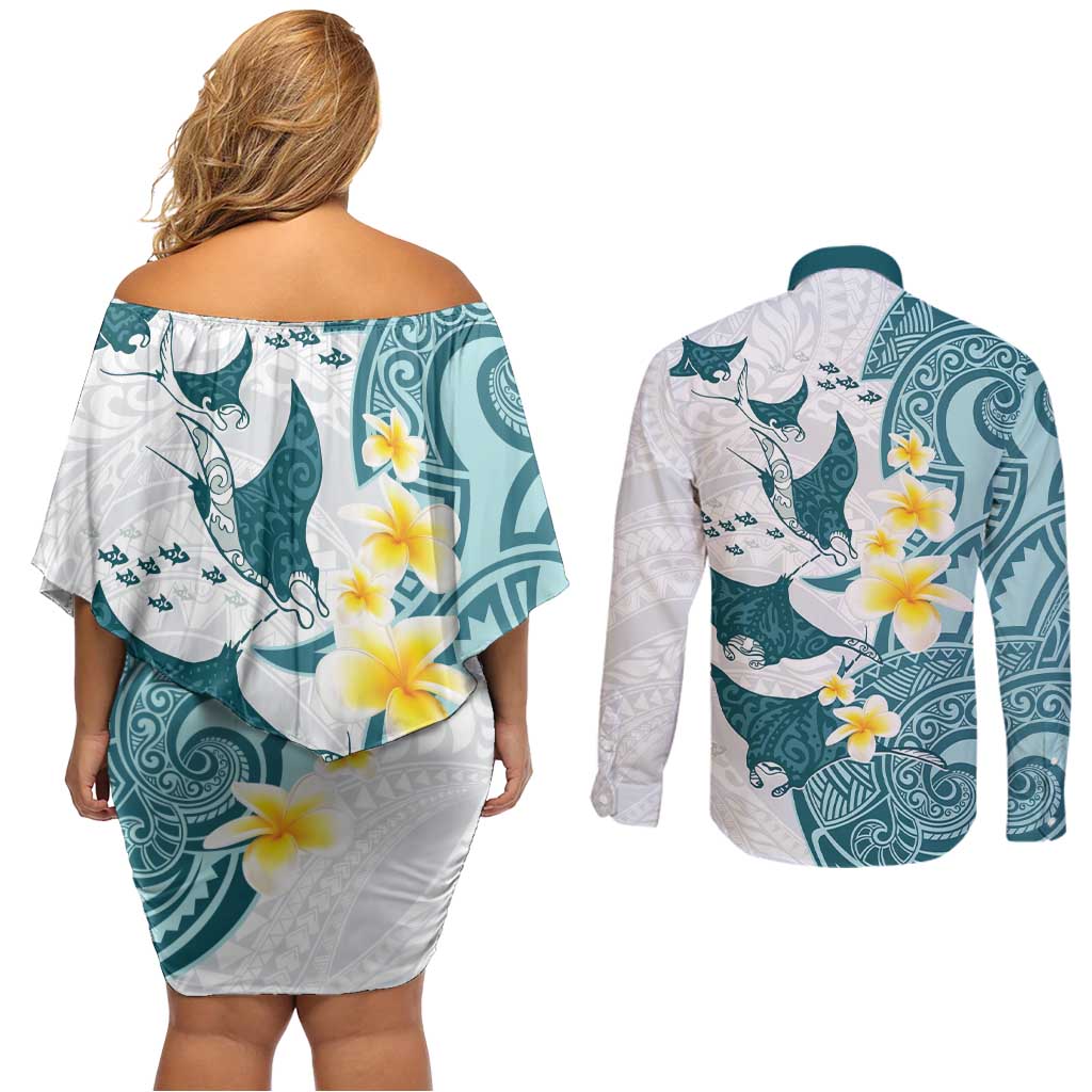 Maori Manta Ray Plumeria Teal Couples Matching Off Shoulder Short Dress and Long Sleeve Button Shirt