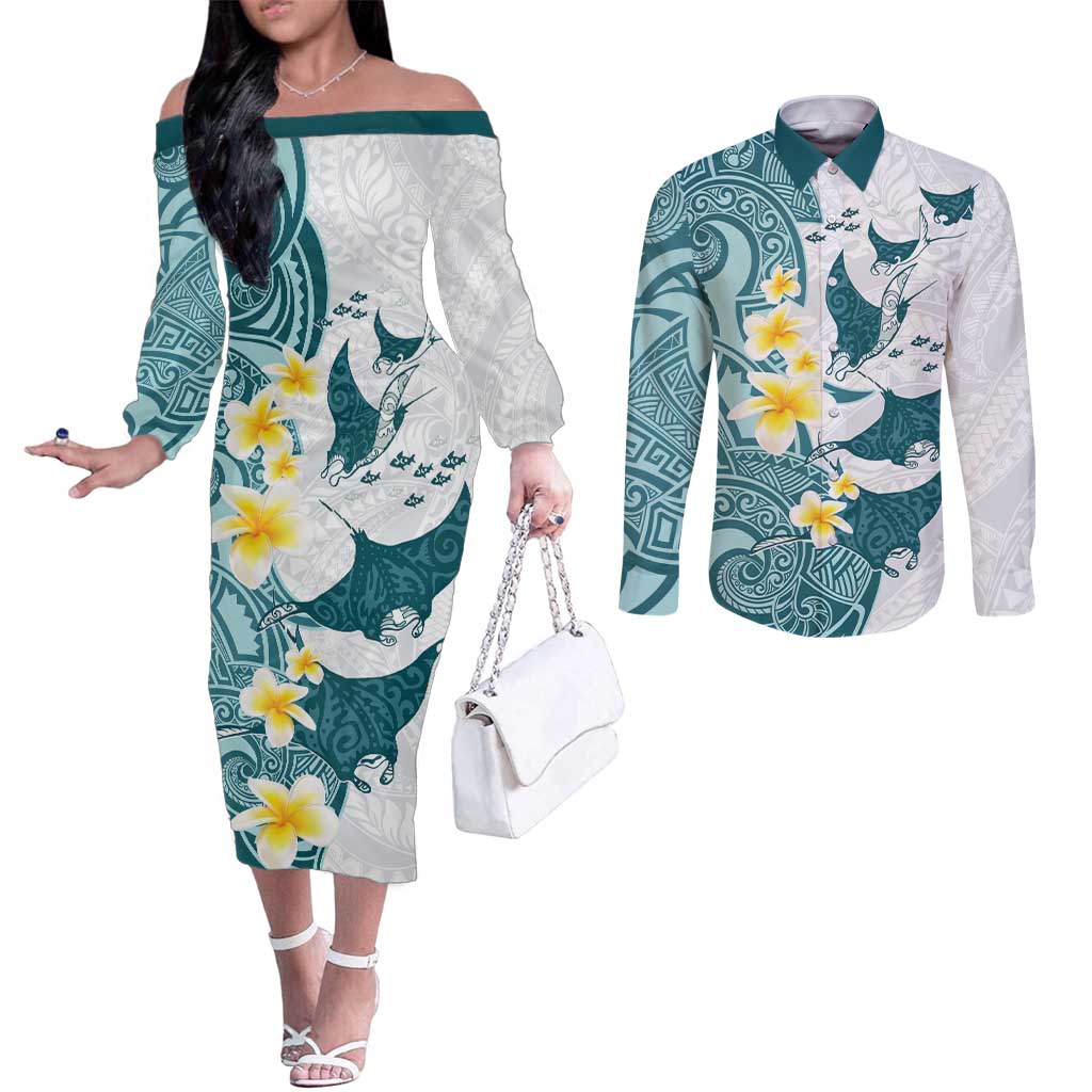 Maori Manta Ray Plumeria Teal Couples Matching Off The Shoulder Long Sleeve Dress and Long Sleeve Button Shirt