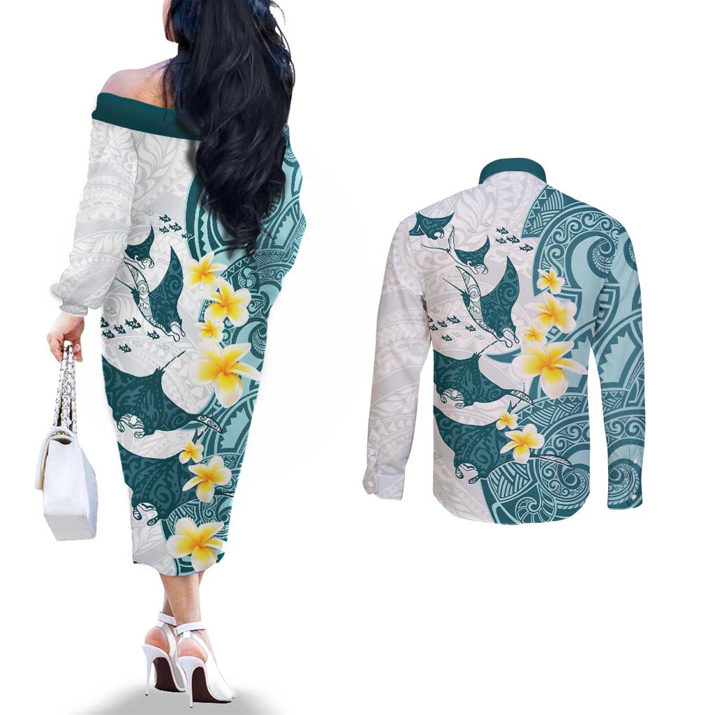Maori Manta Ray Plumeria Teal Couples Matching Off The Shoulder Long Sleeve Dress and Long Sleeve Button Shirt