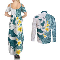 Maori Manta Ray Plumeria Teal Couples Matching Summer Maxi Dress and Long Sleeve Button Shirt