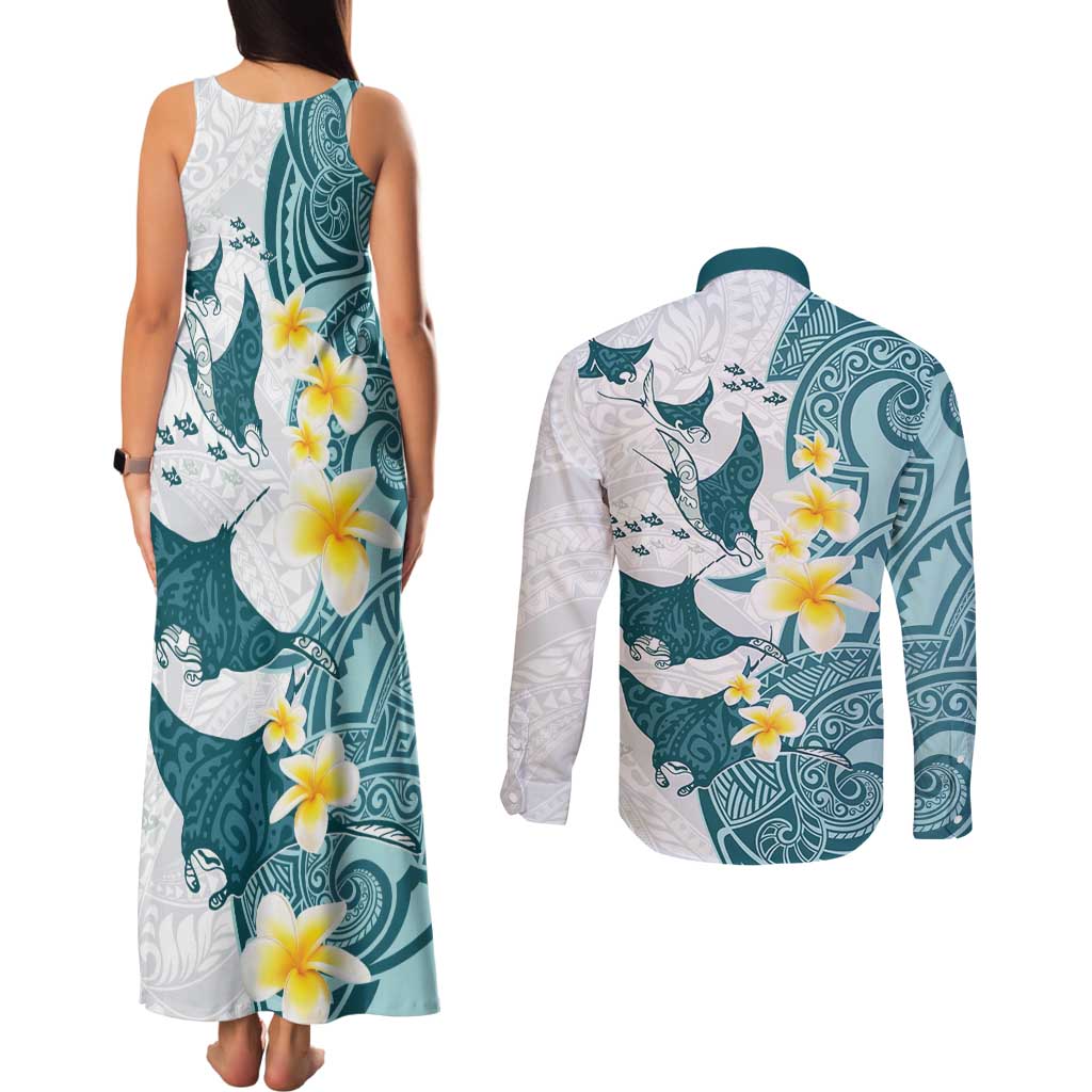 Maori Manta Ray Plumeria Teal Couples Matching Tank Maxi Dress and Long Sleeve Button Shirt