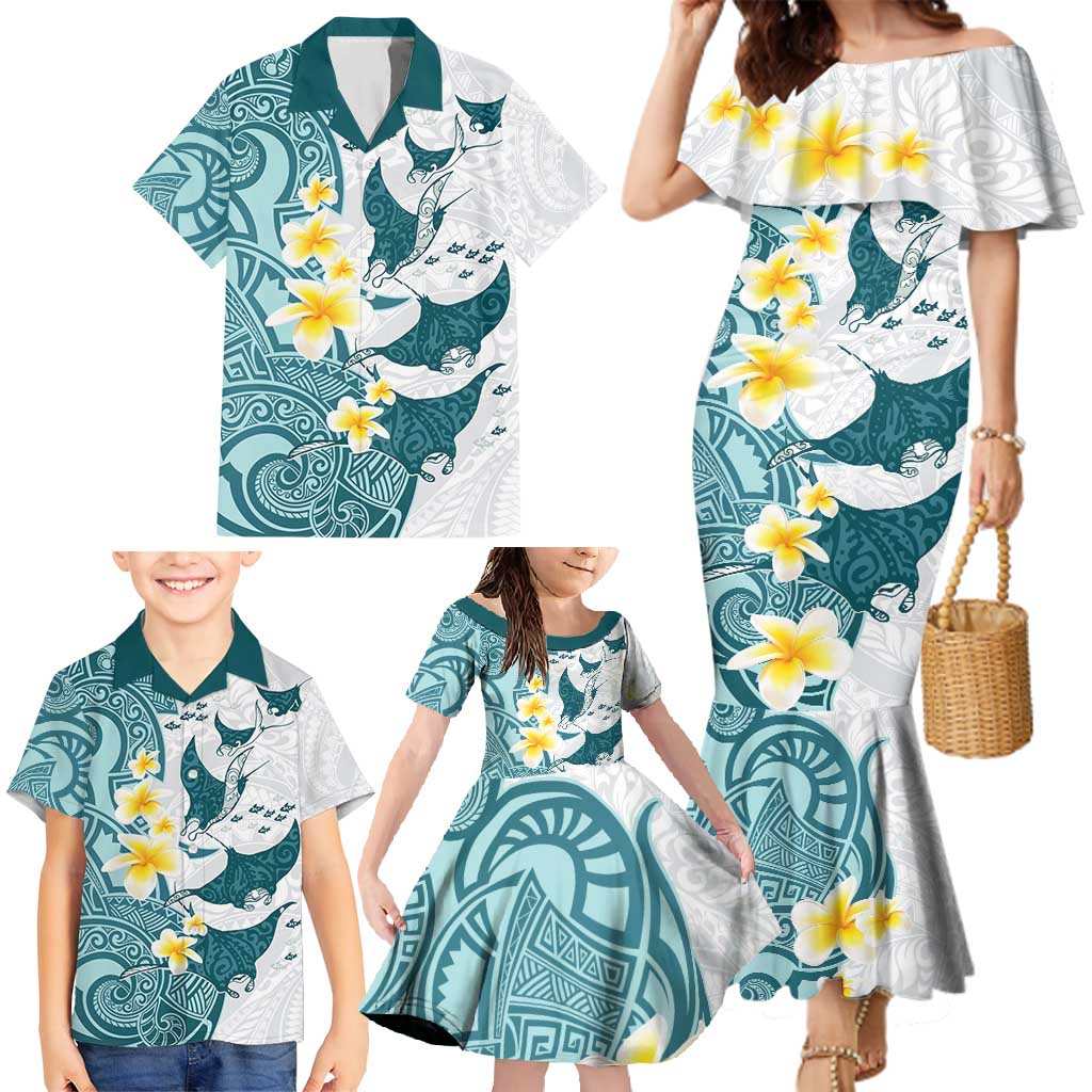 Maori Manta Ray Plumeria Teal Family Matching Mermaid Dress and Hawaiian Shirt