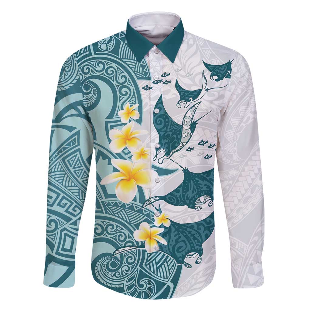Maori Manta Ray Plumeria Teal Family Matching Mermaid Dress and Hawaiian Shirt LT01 Dad's Shirt - Long Sleeve Teal - Polynesian Pride