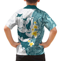 Maori Manta Ray Plumeria Teal Family Matching Off The Shoulder Long Sleeve Dress and Hawaiian Shirt LT01 - Polynesian Pride