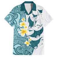 Maori Manta Ray Plumeria Teal Family Matching Off The Shoulder Long Sleeve Dress and Hawaiian Shirt LT01 Dad's Shirt - Short Sleeve Teal - Polynesian Pride