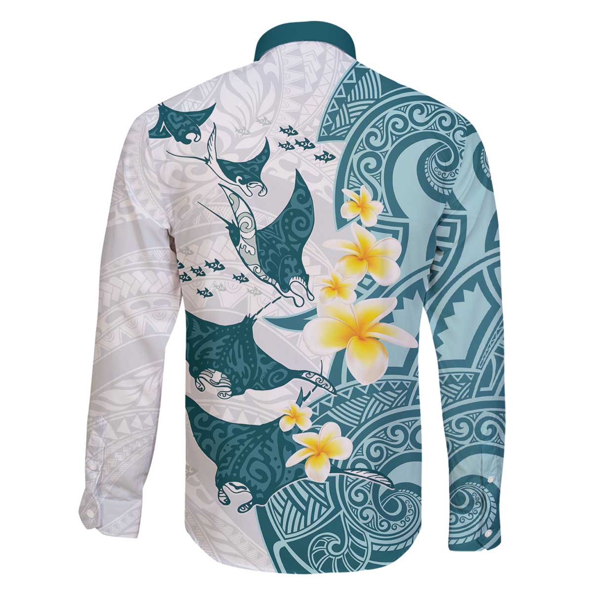 Maori Manta Ray Plumeria Teal Family Matching Off The Shoulder Long Sleeve Dress and Hawaiian Shirt LT01 - Polynesian Pride