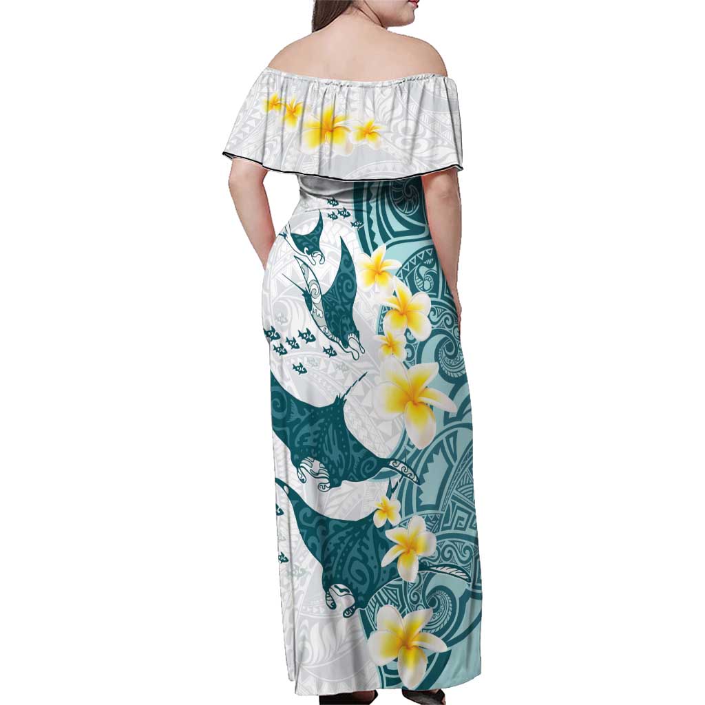 Maori Manta Ray Plumeria Teal Family Matching Off Shoulder Maxi Dress and Hawaiian Shirt
