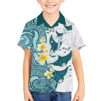 Maori Manta Ray Plumeria Teal Family Matching Off Shoulder Maxi Dress and Hawaiian Shirt