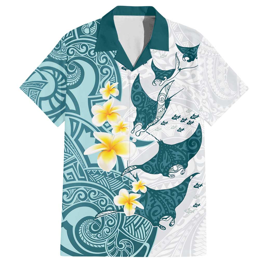 Maori Manta Ray Plumeria Teal Family Matching Off Shoulder Short Dress and Hawaiian Shirt