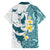 Maori Manta Ray Plumeria Teal Family Matching Off Shoulder Short Dress and Hawaiian Shirt