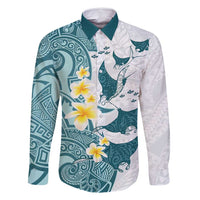 Maori Manta Ray Plumeria Teal Family Matching Off Shoulder Short Dress and Hawaiian Shirt