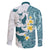 Maori Manta Ray Plumeria Teal Family Matching Off Shoulder Short Dress and Hawaiian Shirt