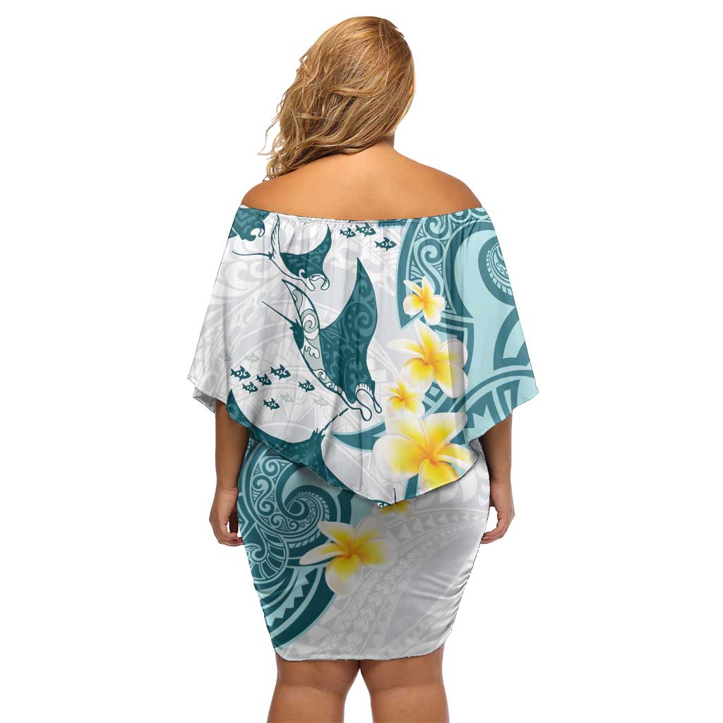 Maori Manta Ray Plumeria Teal Family Matching Off Shoulder Short Dress and Hawaiian Shirt